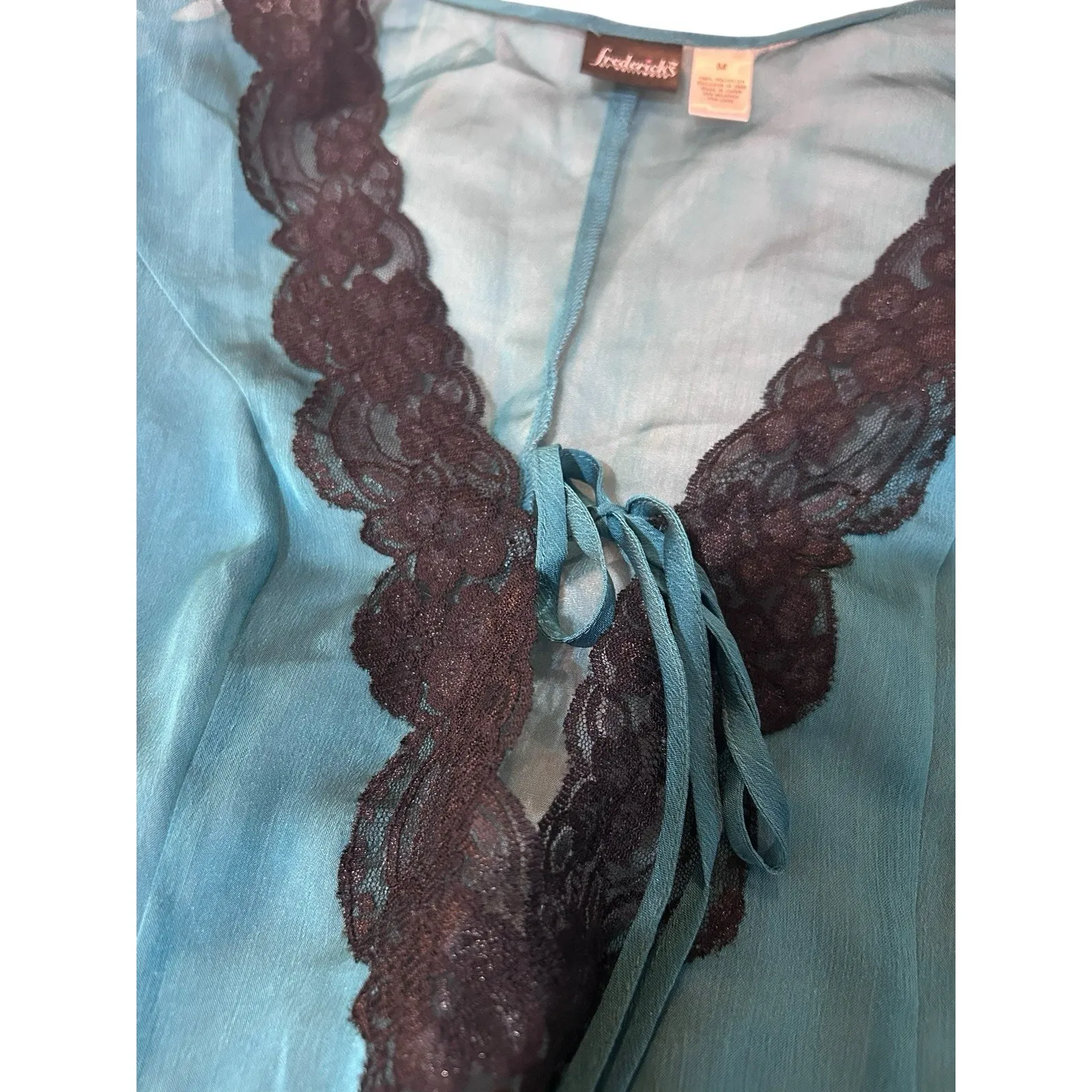 Frederick's Of Hollywood Sheer‎ Lace Tie Front Top Size M Teal Black Blouse Y2K - Image 6