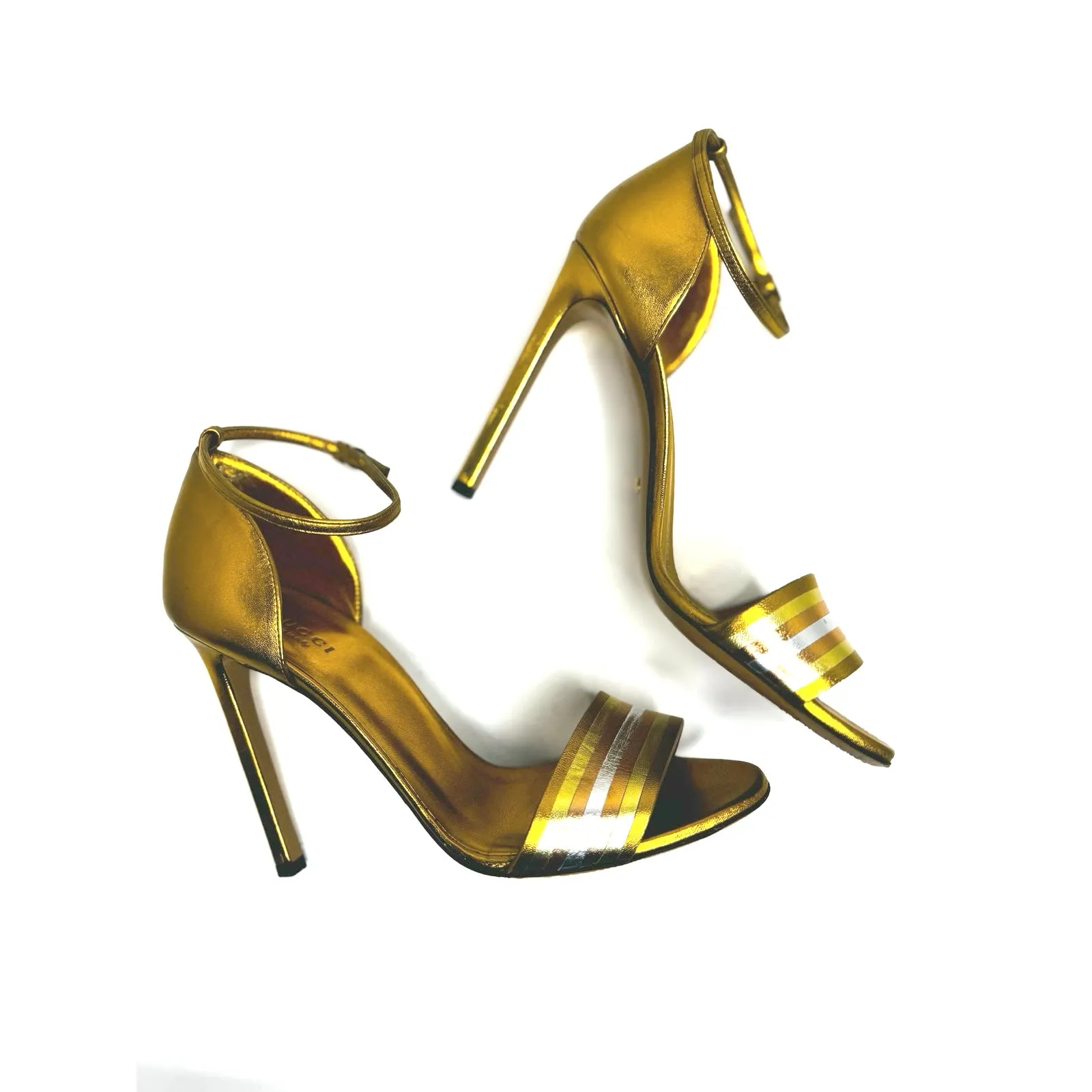 Gucci Gold Metallic Leather Cara High Heel Strappy Sandals Women’s Size EU 38 - Image 9