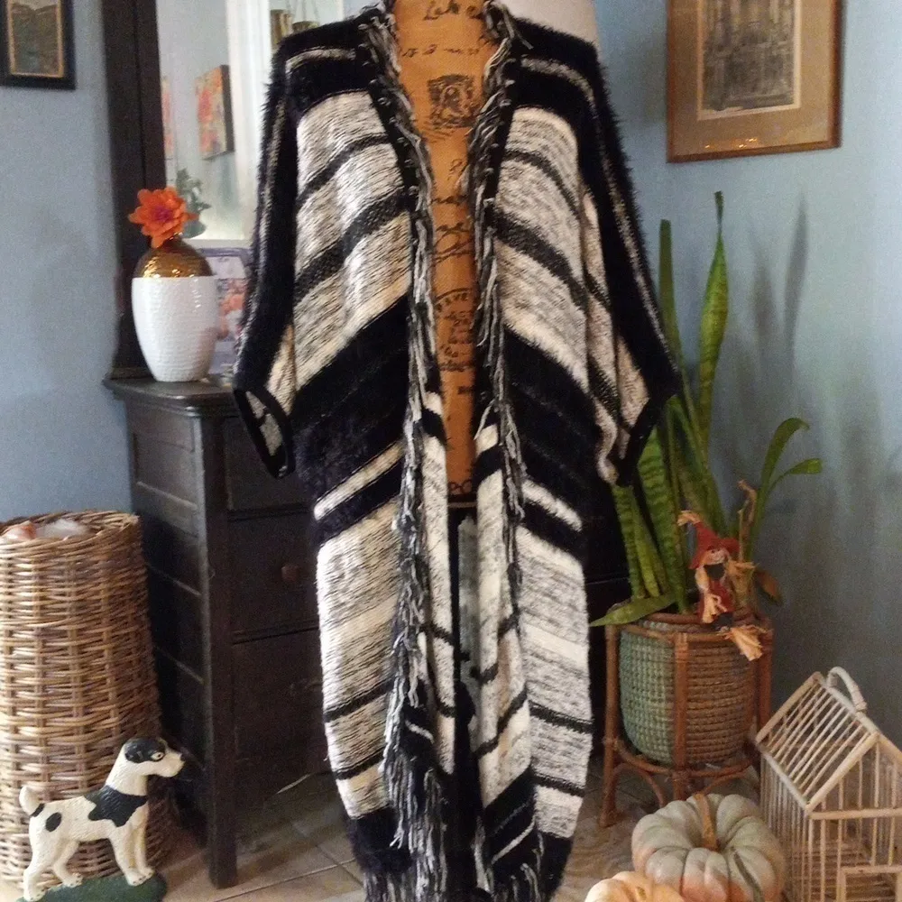 Ming Wang Black and Gray Striped Chunky Open Front Long Sweater Duster - Image 4