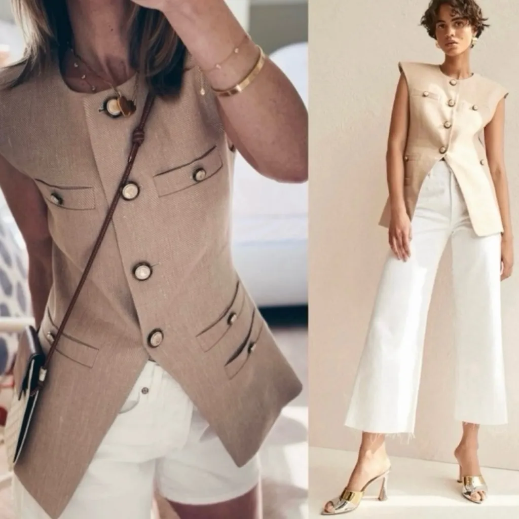 NWOT Veronica Beard  Tamara Linen Blend Vest Sandalwood Melange Size 0/XS - Image 7