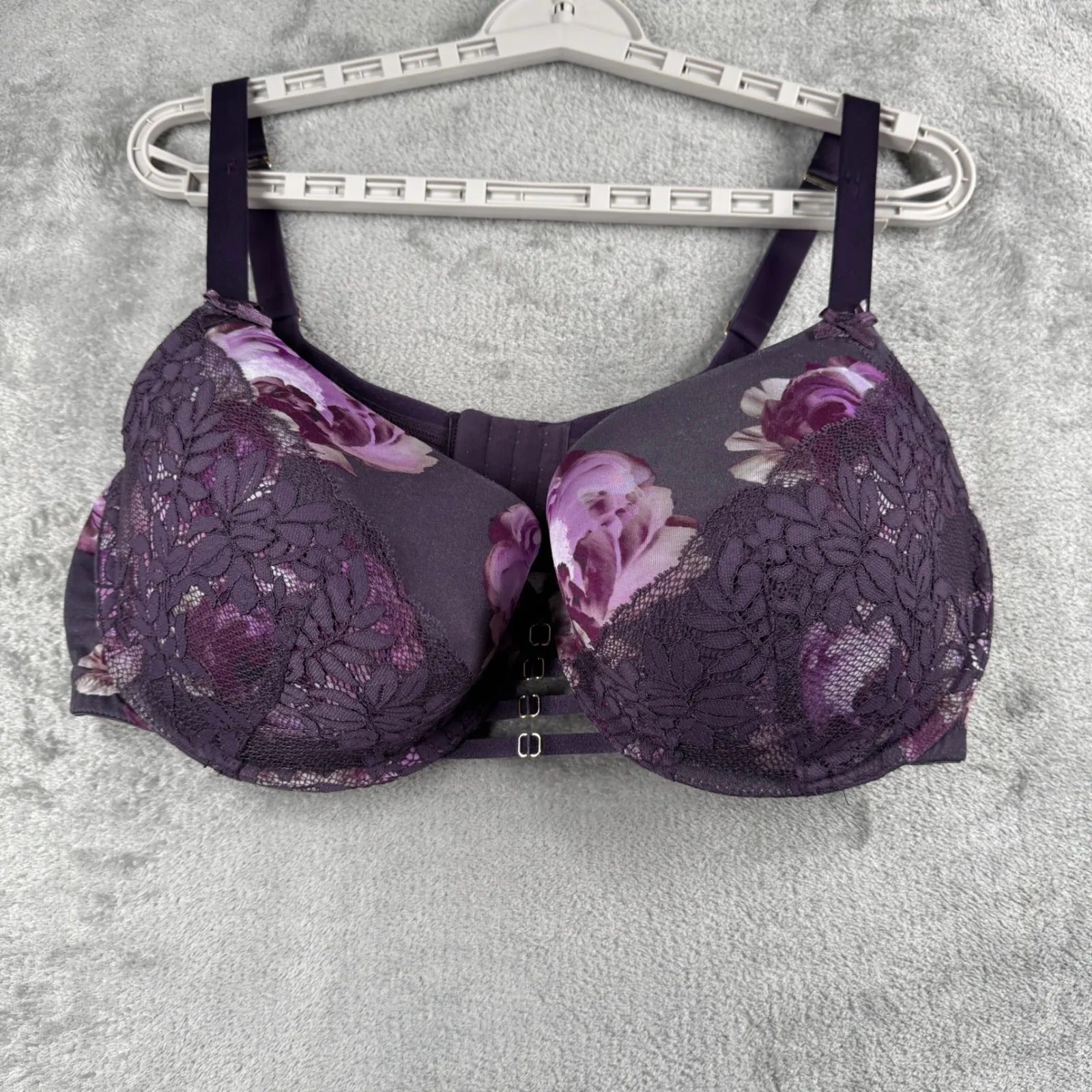 Cacique Boost Balconette Bra 42DDD Purple Floral Lace Underwire Adjustable - Image 2