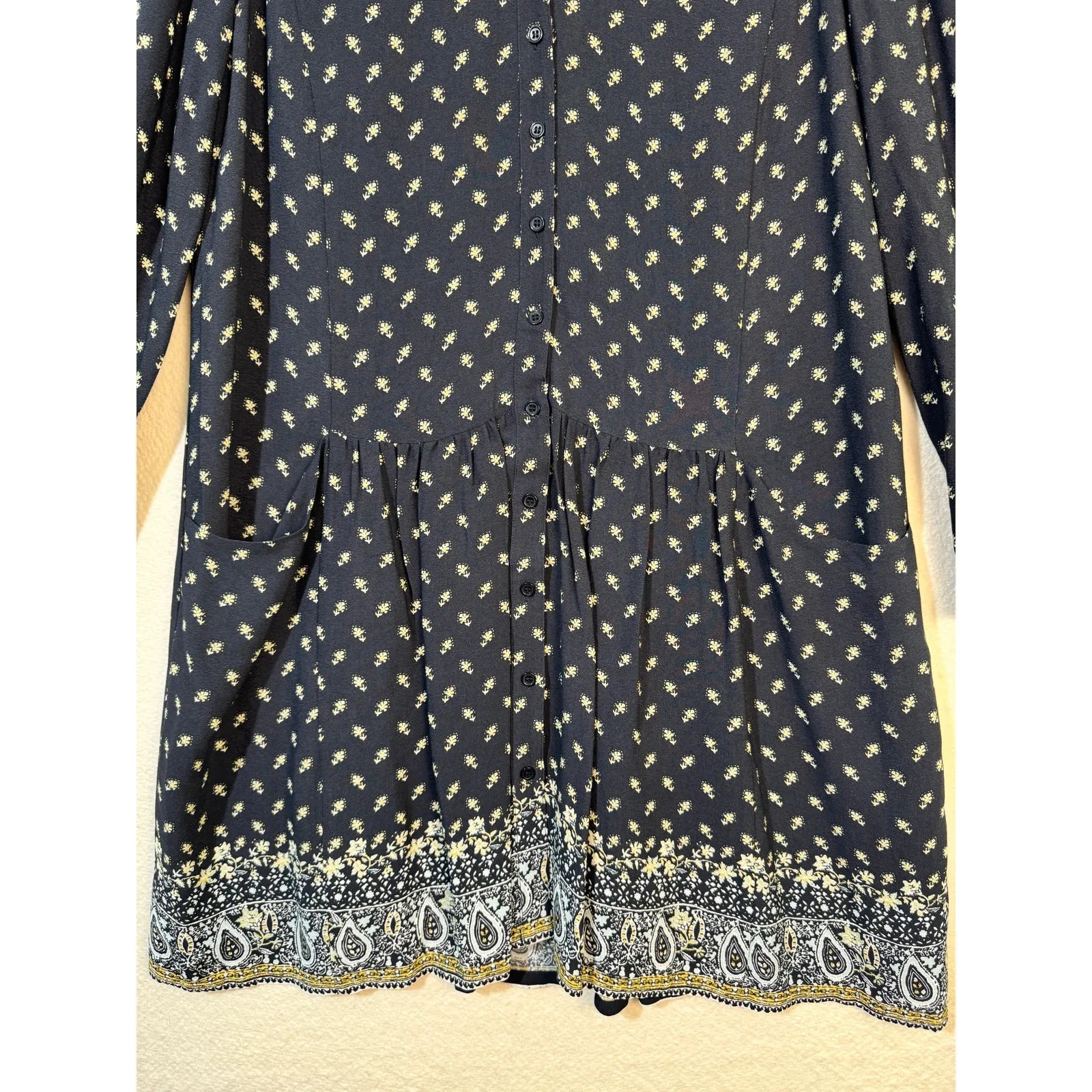 Garnet Hill Navy Blue & Yellow Ditsy Floral Drop Waist Shift Dress Print Size 14 - Image 5