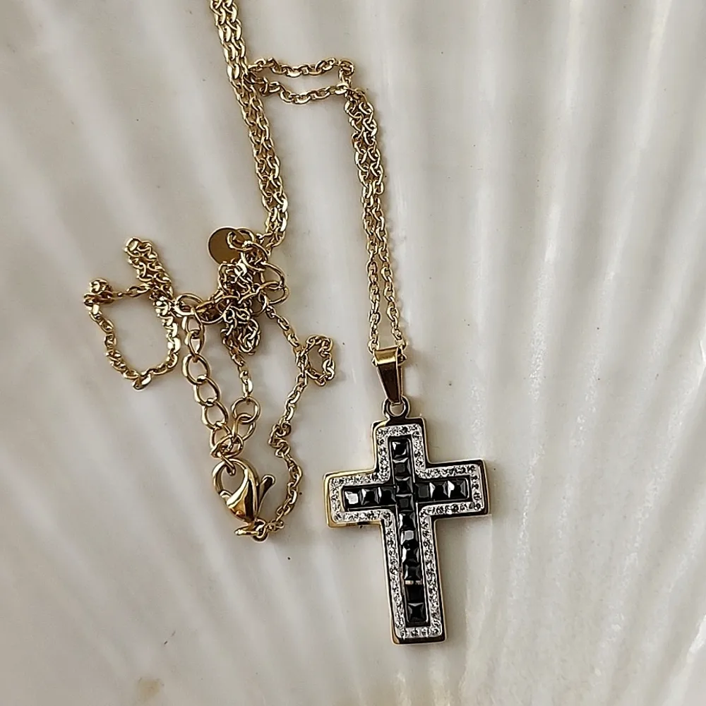 18" Gold Stainless Steel Chain with Black and Clear Crystal Cross Pendant - Image 2