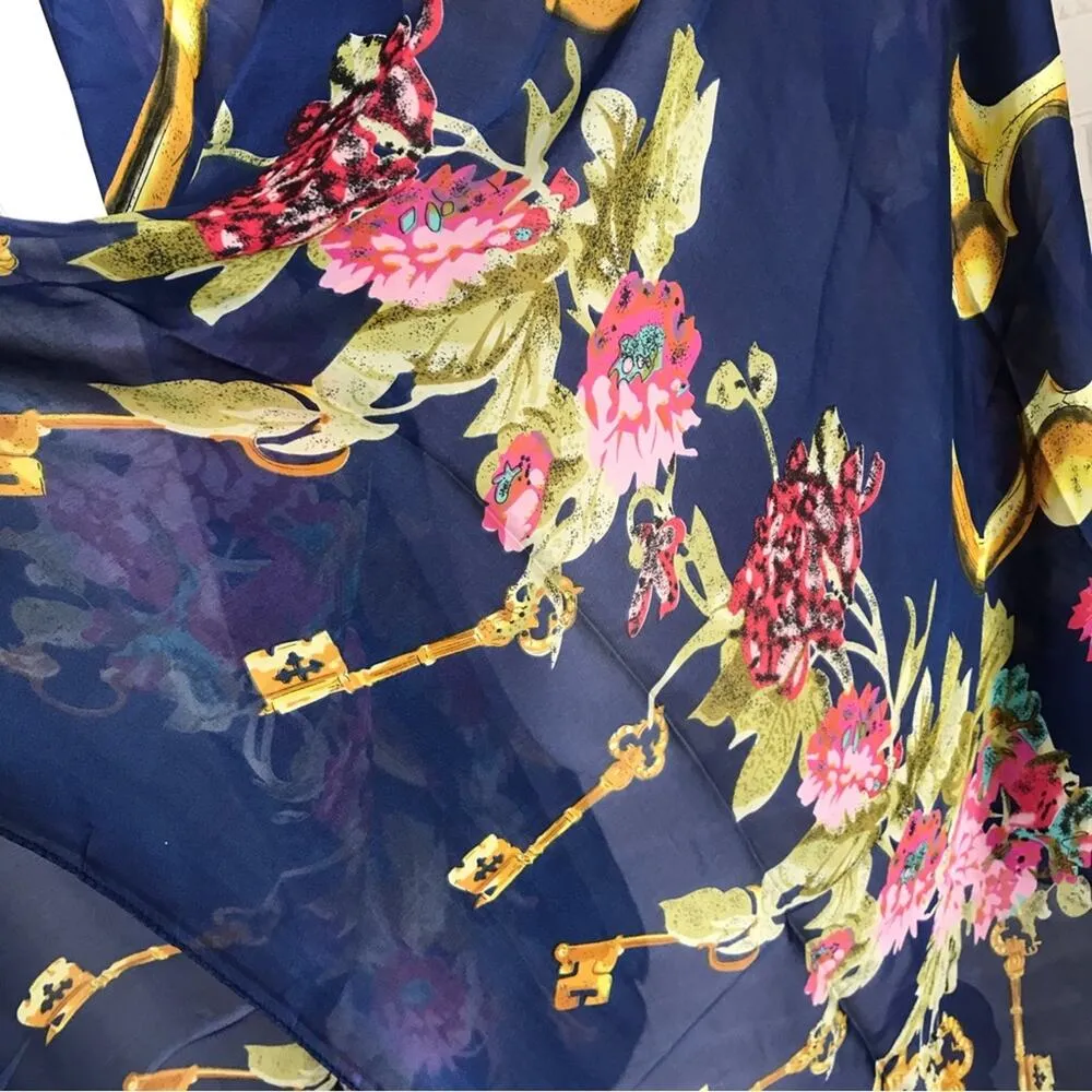 Silk Blend Key and Floral Print Oversized Scarf / Wrap Blue - Image 6