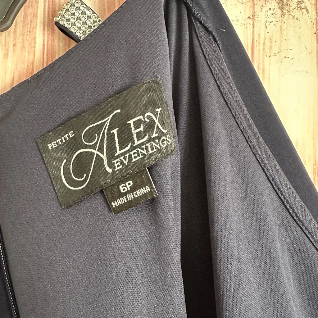 Alex Evenings Embellished Ladder Sleeve Draped Knot Front Gown Navy Blue Size 6P - Image 14