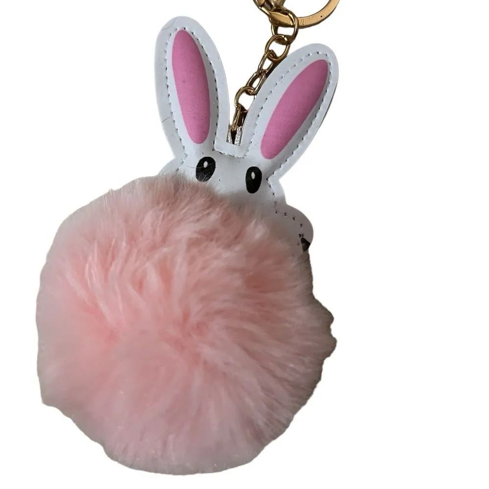 Bunny Rabbit Faux Leather Pompom Key Ring Purse Charm White - Image 2