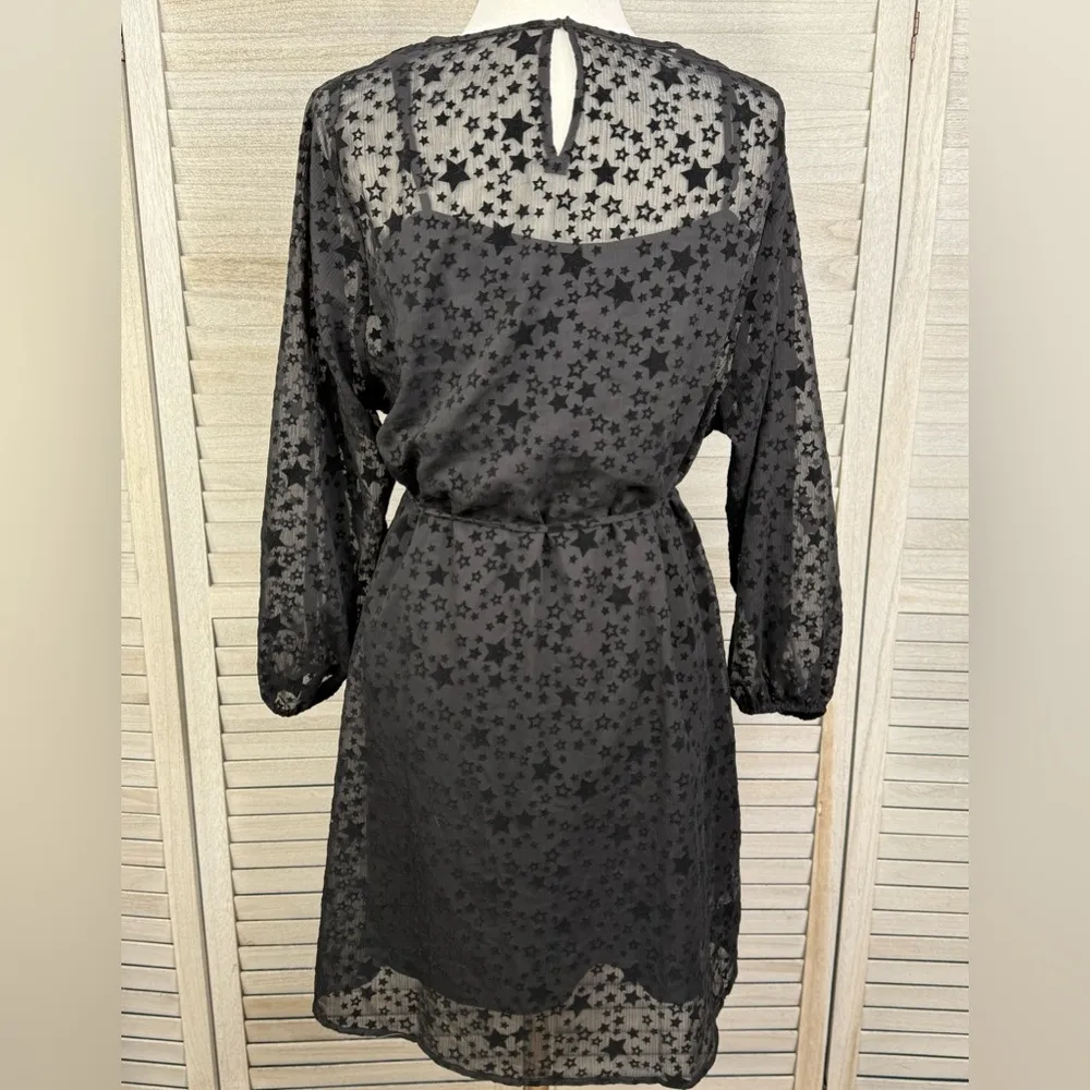 LOFT Black Velvet Star Long Sleeve Shift Dress w Waist Tie-Medium - Image 3