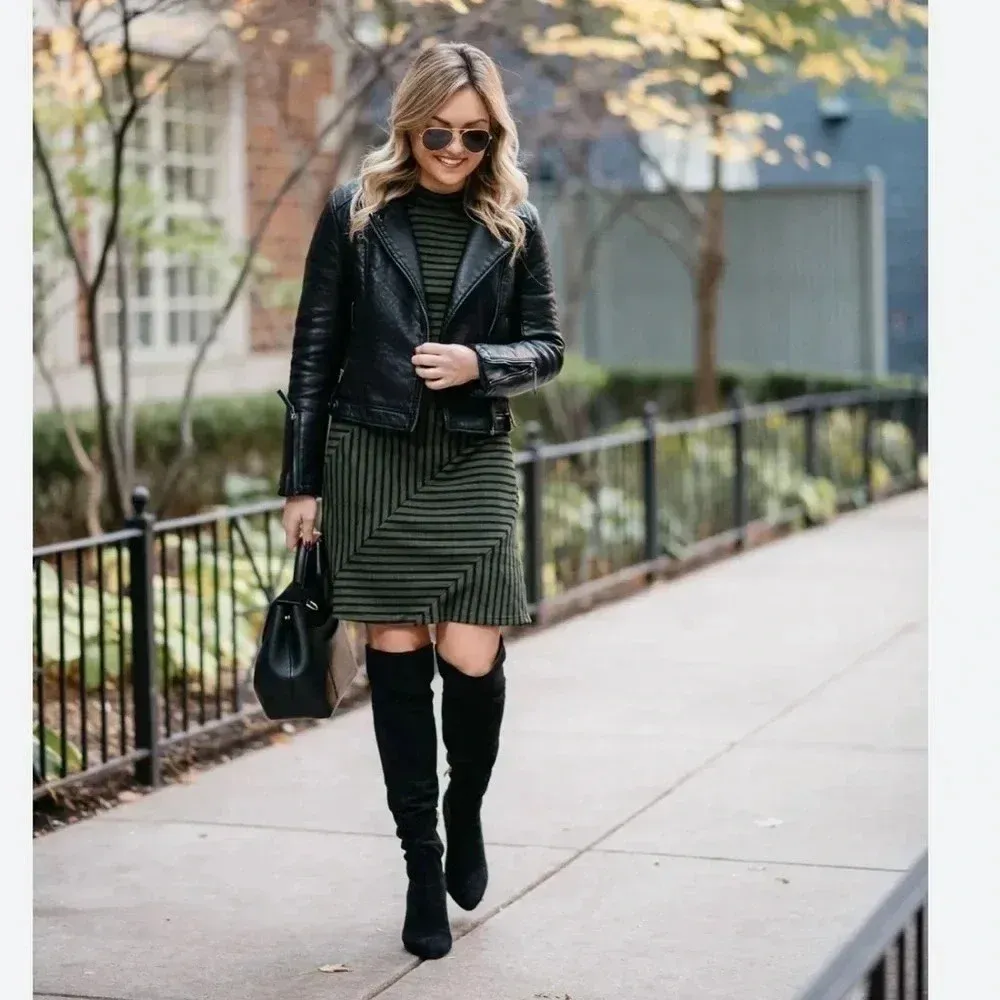 Anthropologie Hutch Olive Green & Black Stripe Structured Knitwork Dress Size XS - Image 3