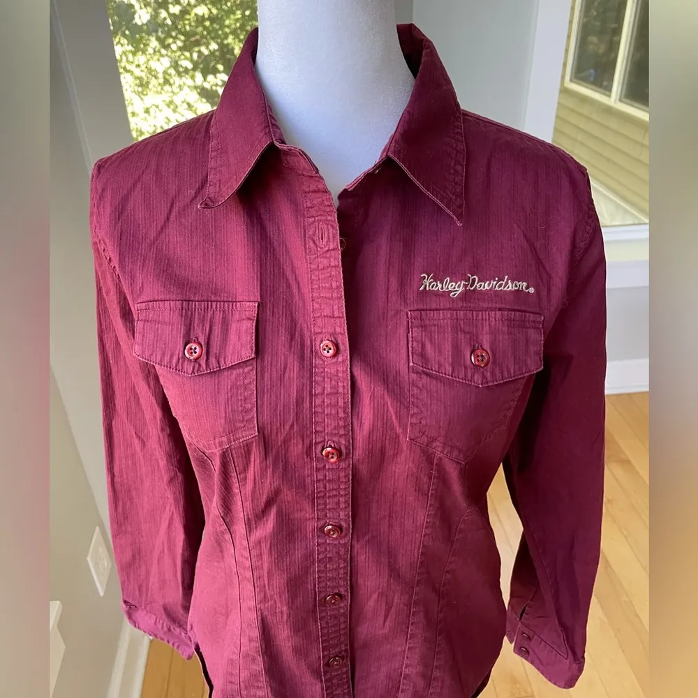 Harley Davidson Burgundy Stretch Cotton Fitted Button Down Shirt Size Medium Red - Image 10