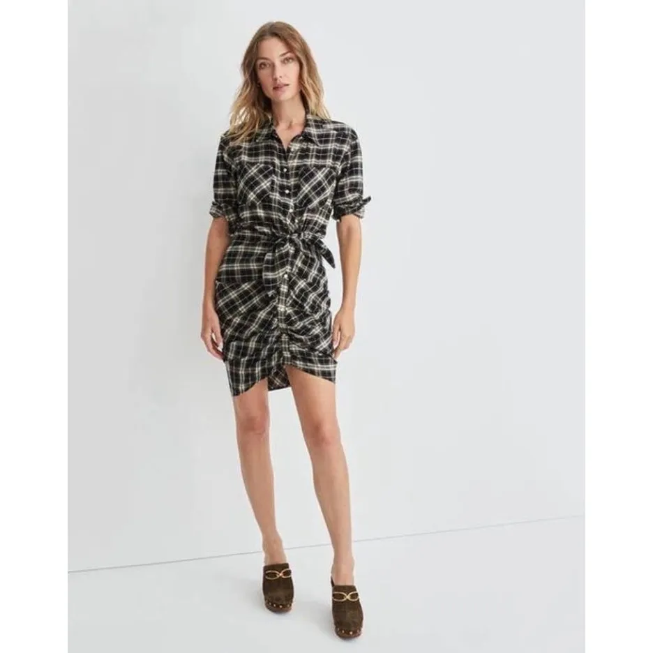 NWT‎ Veronica Beard Sierra Plaid Flannel Ruched Shirt Dress Black Ecru Sz 2 $498 - Image 2