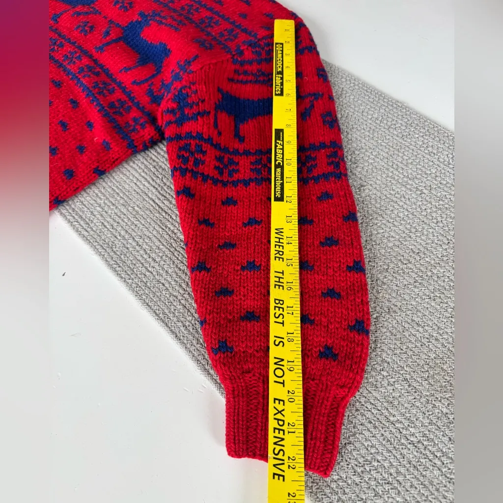 Vintage Hand Knit Wool Ralph Lauren Red Cobalt Blue Reindeer Sweater Sz Medium - Image 11