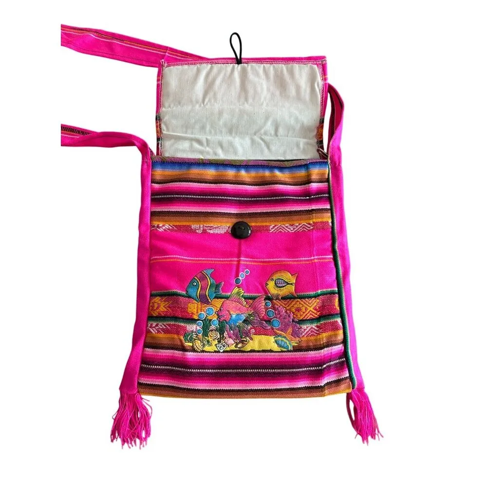St. Thomas Pink Woven Crossbody Bag Embroidered Fish Design & Fringe Accents - Image 4