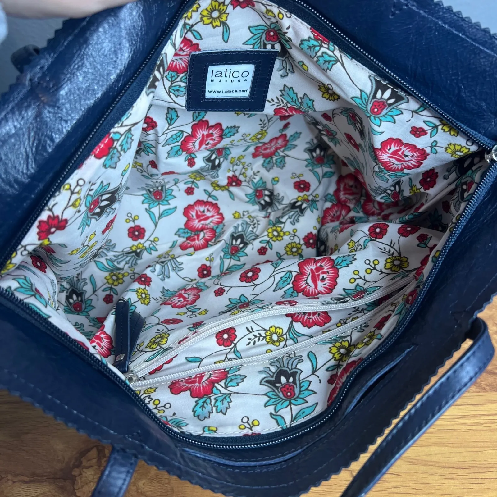 Latico Navy Blue Leather Tote Bag Shoulder Bag Handbag Floral Lining Scalloped - Image 10