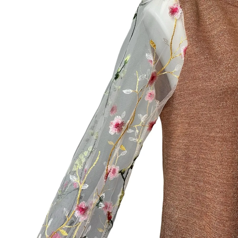 Renee C. Brown Metallic Dress with Sheer Mesh Embroidered Long Sleeves; Sz M - Image 12