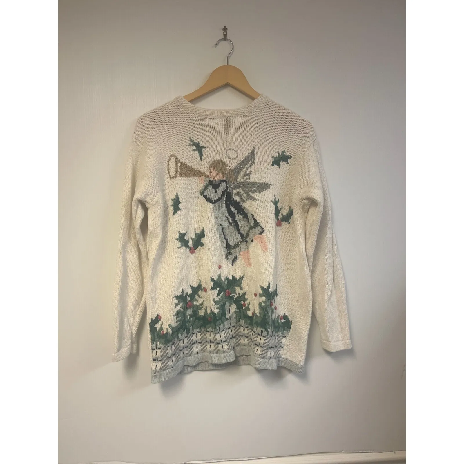 Not Ugly Christmas Sweater Size L Angel Holly Beaded  The Villager Tunic Y2K - Image 4