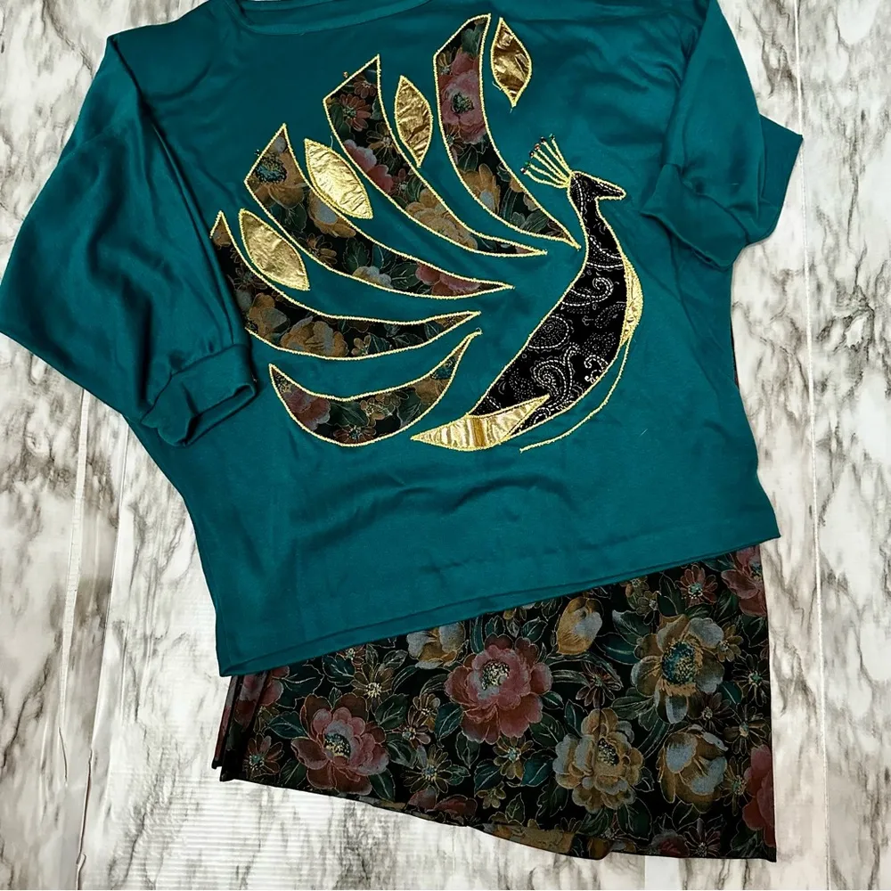 Teal and Gold Midi Floral Skirt And Top Peacock Embellishment Dolman Sleeve 80s Blue Size L - Image 6