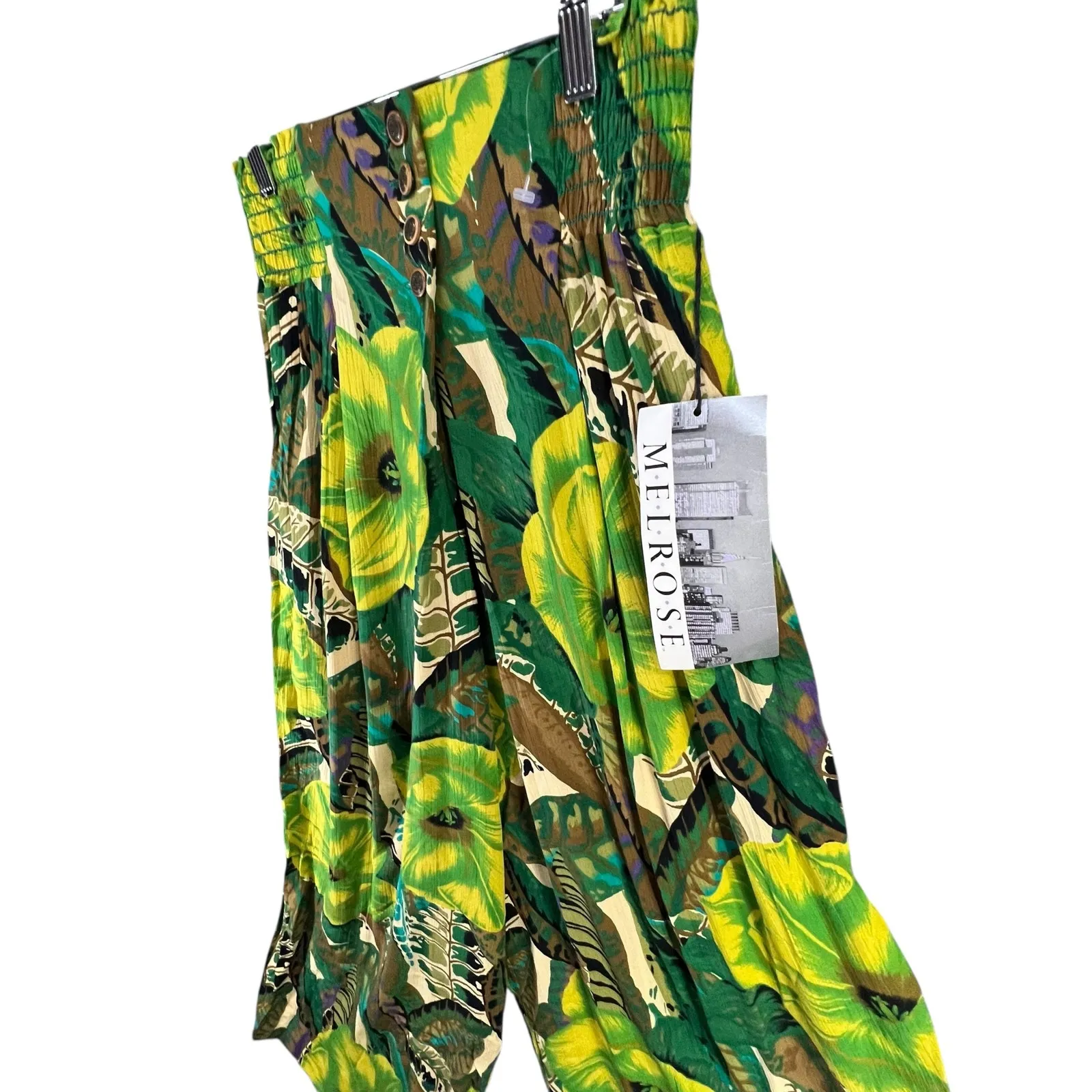 Melrose Vintage 80s Pants 8 Green Tropical Floral Wide Leg Crop Smocked Retro - Image 2