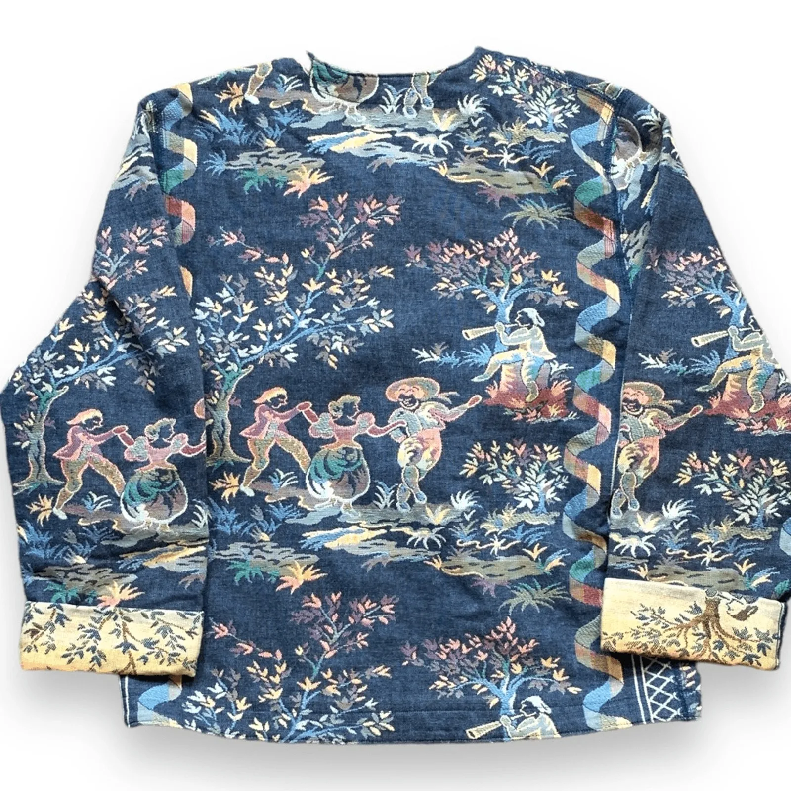 Vintage Doncaster Tapestry Jacket Blue Folk Art Pastoral Scene Art To Wear 10 - Image 4