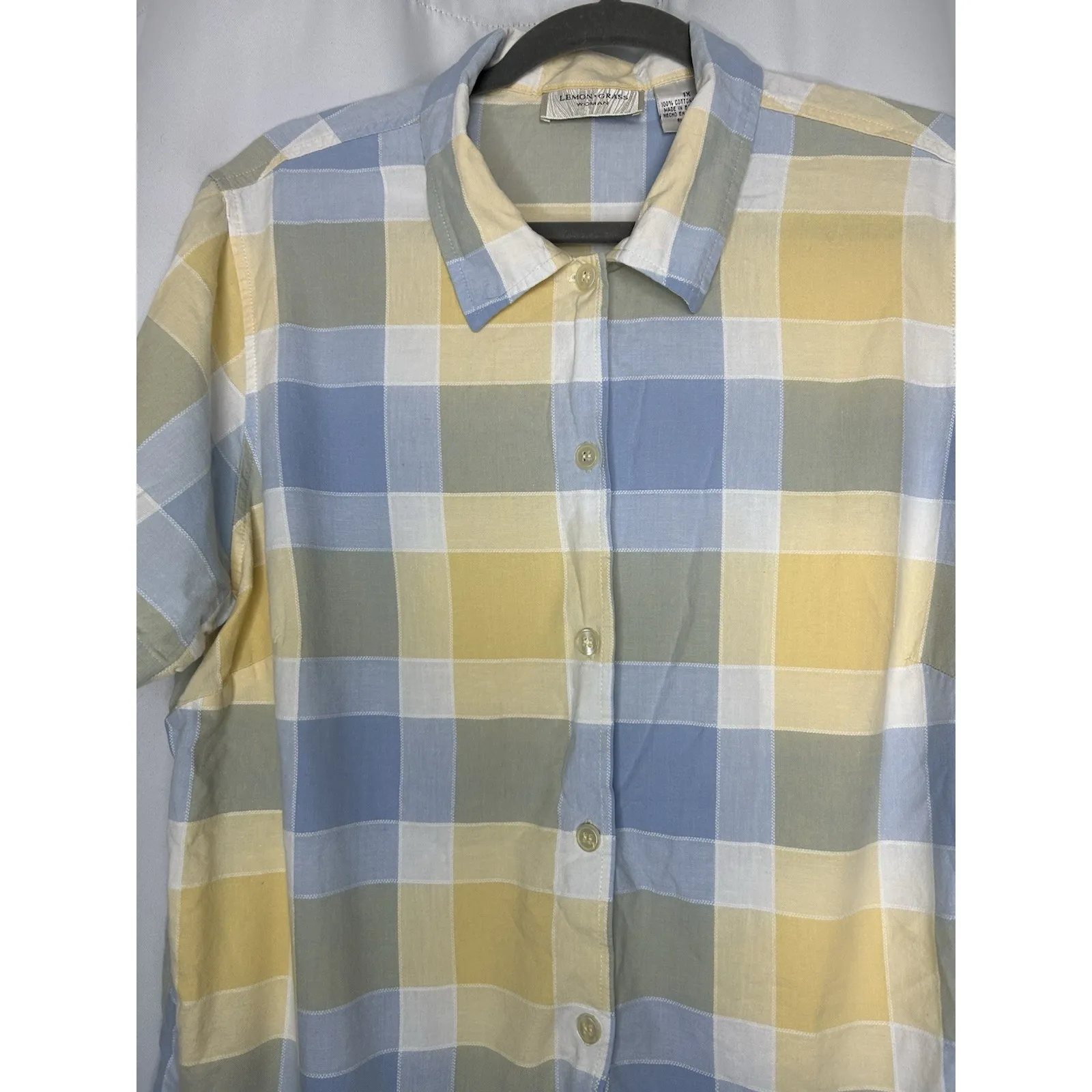 Lemon Grass Women's Size 1X Yellow Blue Plaid Short Sleeve Button - Image 2