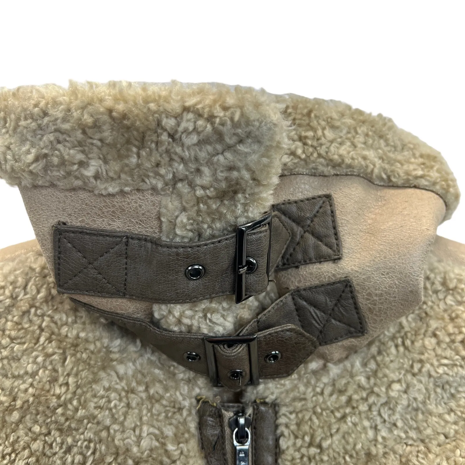 Ashley B Sherpa Faux Suede Moto Jacket M Beige Zip Vegan Leeather Cozy Warm Tan Size M - Image 7