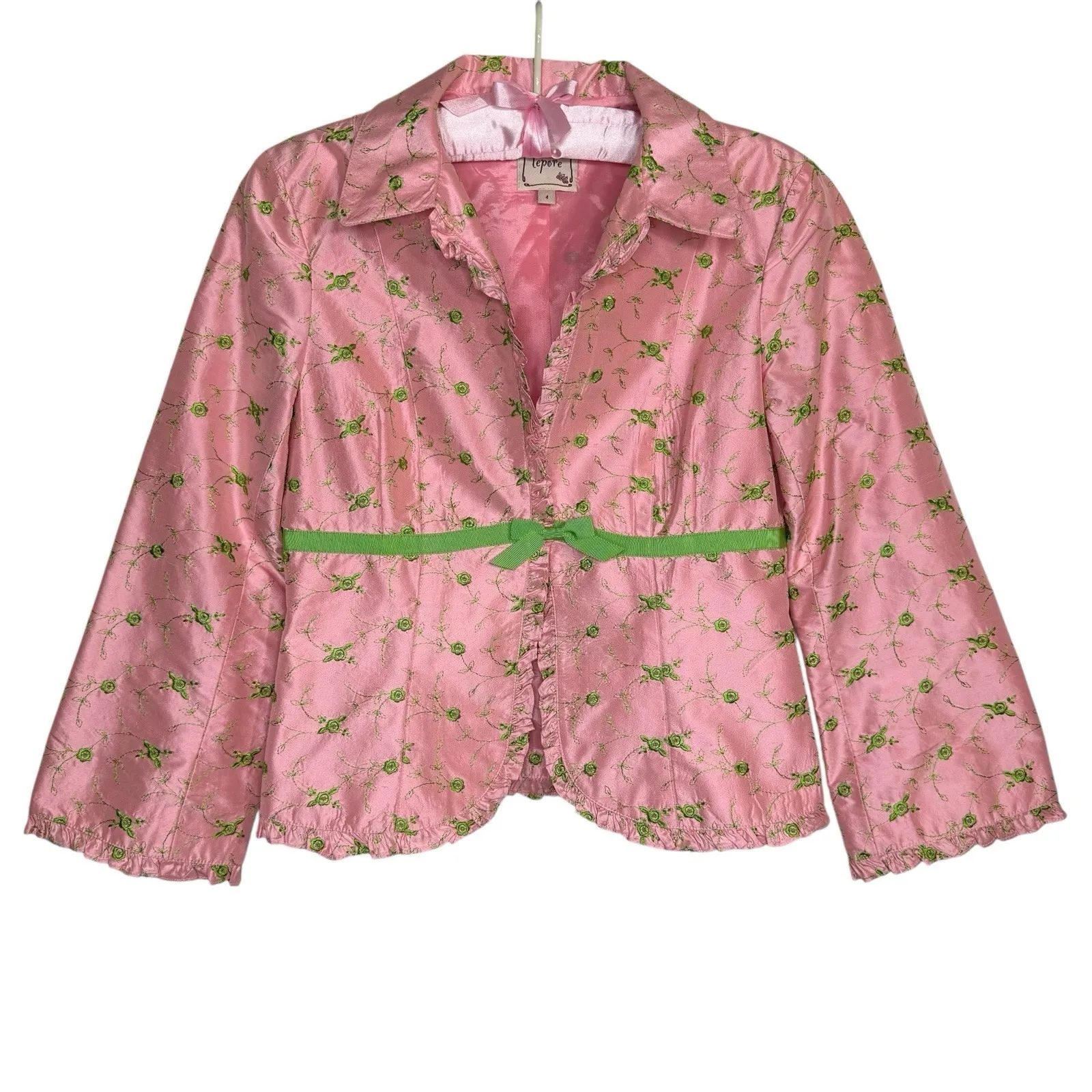 Vintage Nanette Lepore Blazer Jacket Size 4‎ Pink Green Silk Embroidered Cropped - Image 7