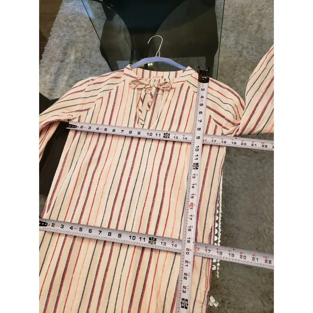 Sundry Shirt Dress Women's 0 White Striped Cotton Long Sleeve Keyhole Tie Front - Image 9