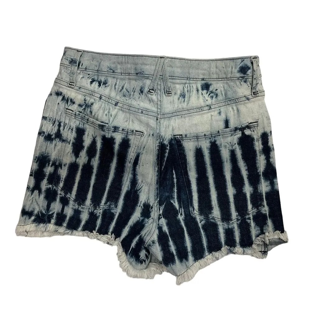 Good American Bombshell Shibori Dye Denim‎ Shorts Sz 2/26 High Rise Raw Hem - Image 7