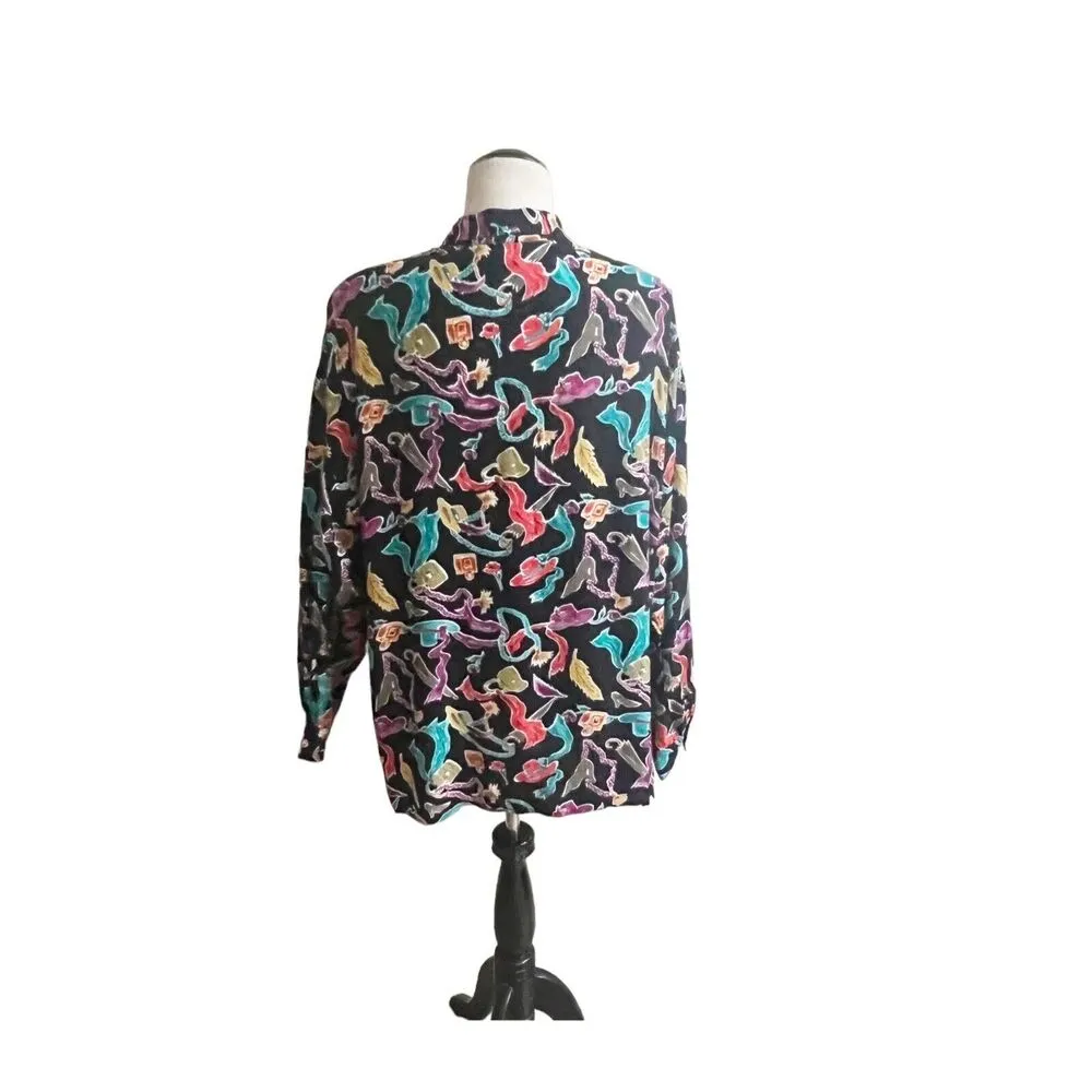 Diane Von Furstenburg Vintage Novelty Hats Feather Button Down Shirt XL Artsy Black - Image 3