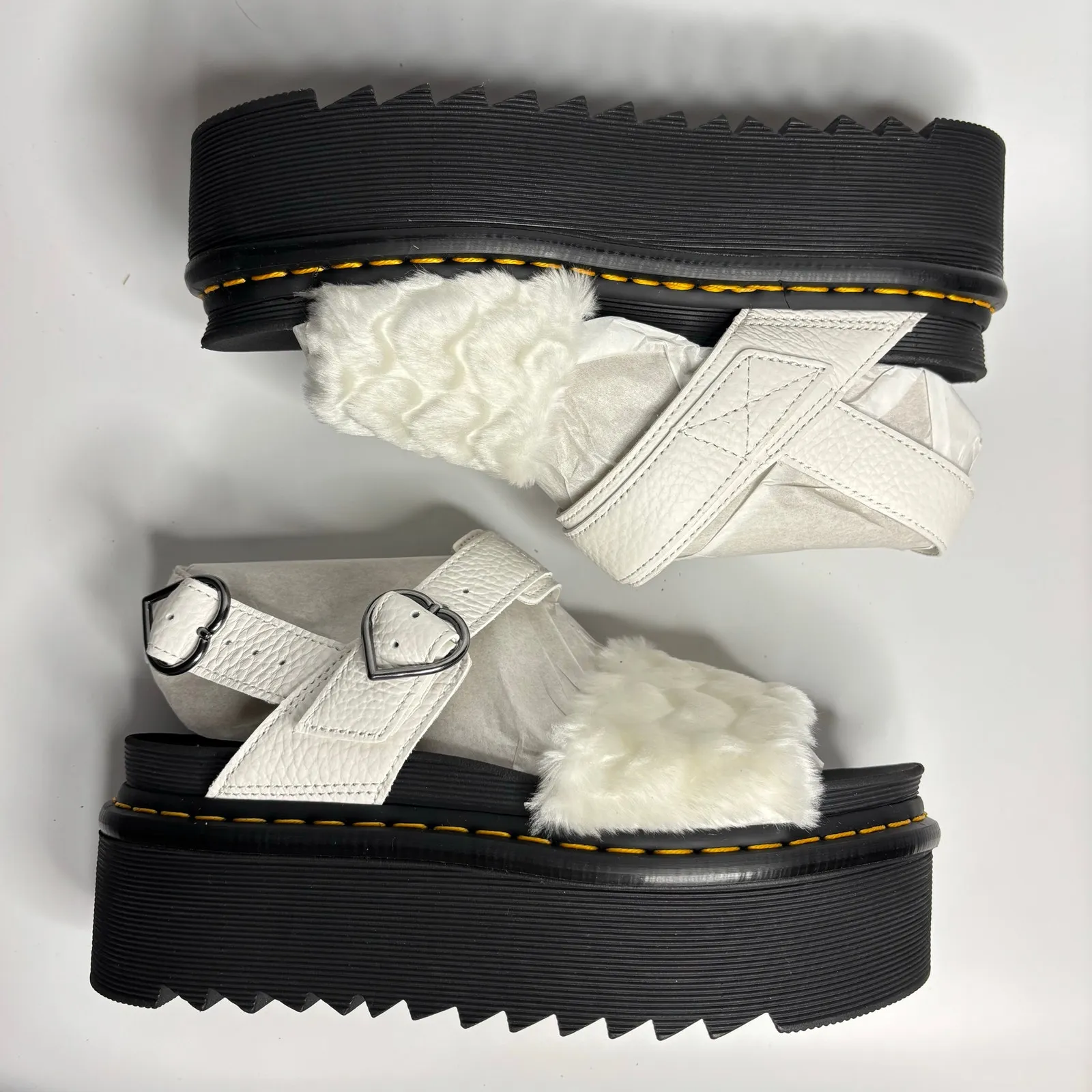 Dr. Martens Voss Heart Fluffy Faux Fur Platform Sandals in White Milled Nappa - Image 8
