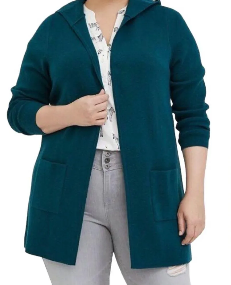 Dark Teal Open Front Hooded Cardigan 1X Pockets Casual Fridays Weekends - Image 2