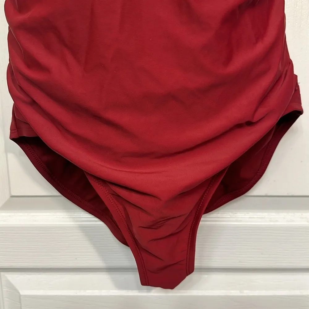 Kona Sol Swimsuit V-Neck Ruched Mid Section High Cut Monokini Maroon Large #0390 - Image 4