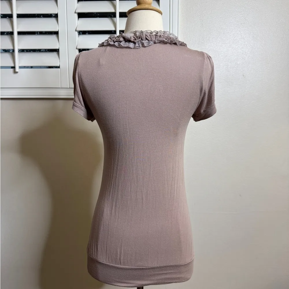 vintage Y2K tunic tank top in size small features ruffles and lace accents Brown - Image 2