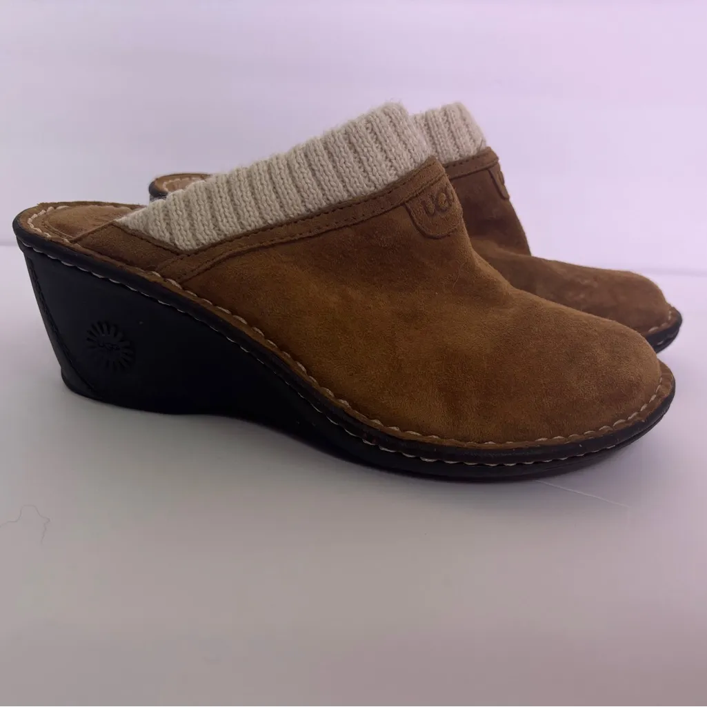 UGG Gael Chestnut Tan Suede Knit Cuff Sheep Shearling Lined Wedge Clogs 7 - Image 2