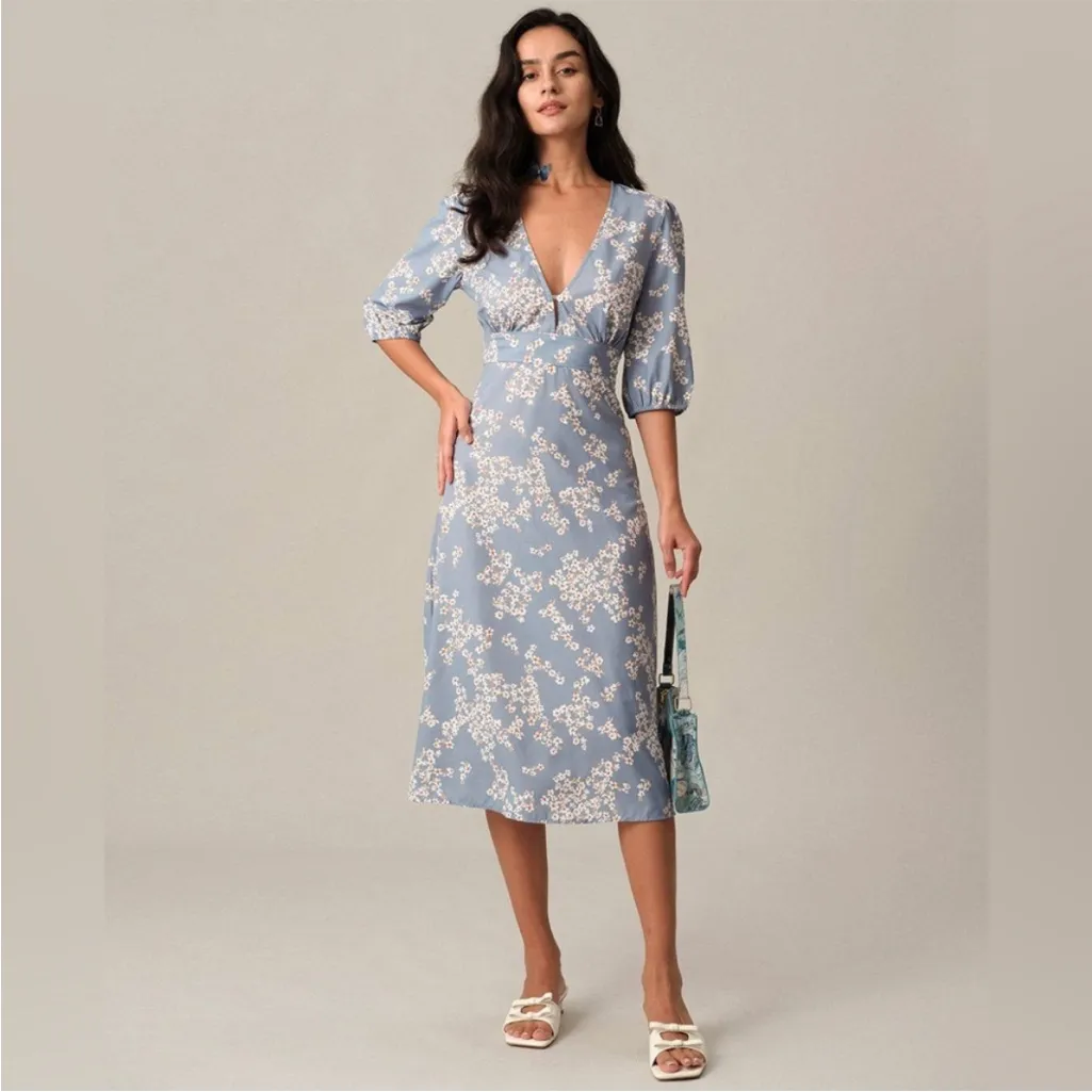 RIHOAS The V Neck Floral Midi Dress lightweight flowy M Blue Size M - Image 3