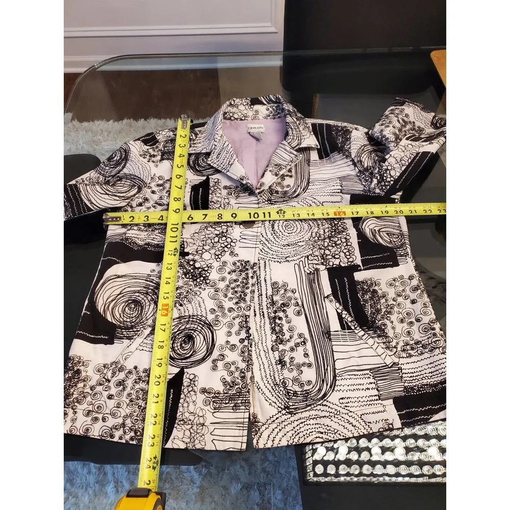 Chico's Women's Black & White Cotton Long Sleeve Single Breasted Jacket Blazer M - Image 11