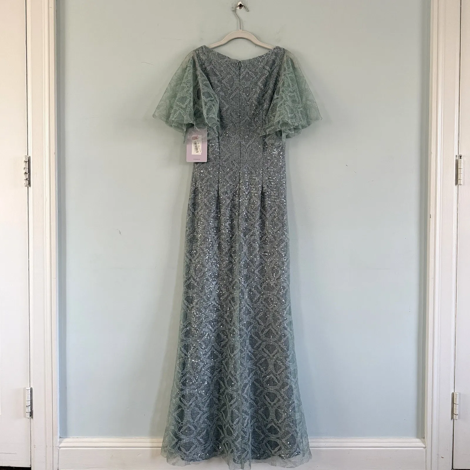 NWT JS Collections Sequin V-Neck Cape Gown Metallic Lace Light Blue Formal Dress - Image 4