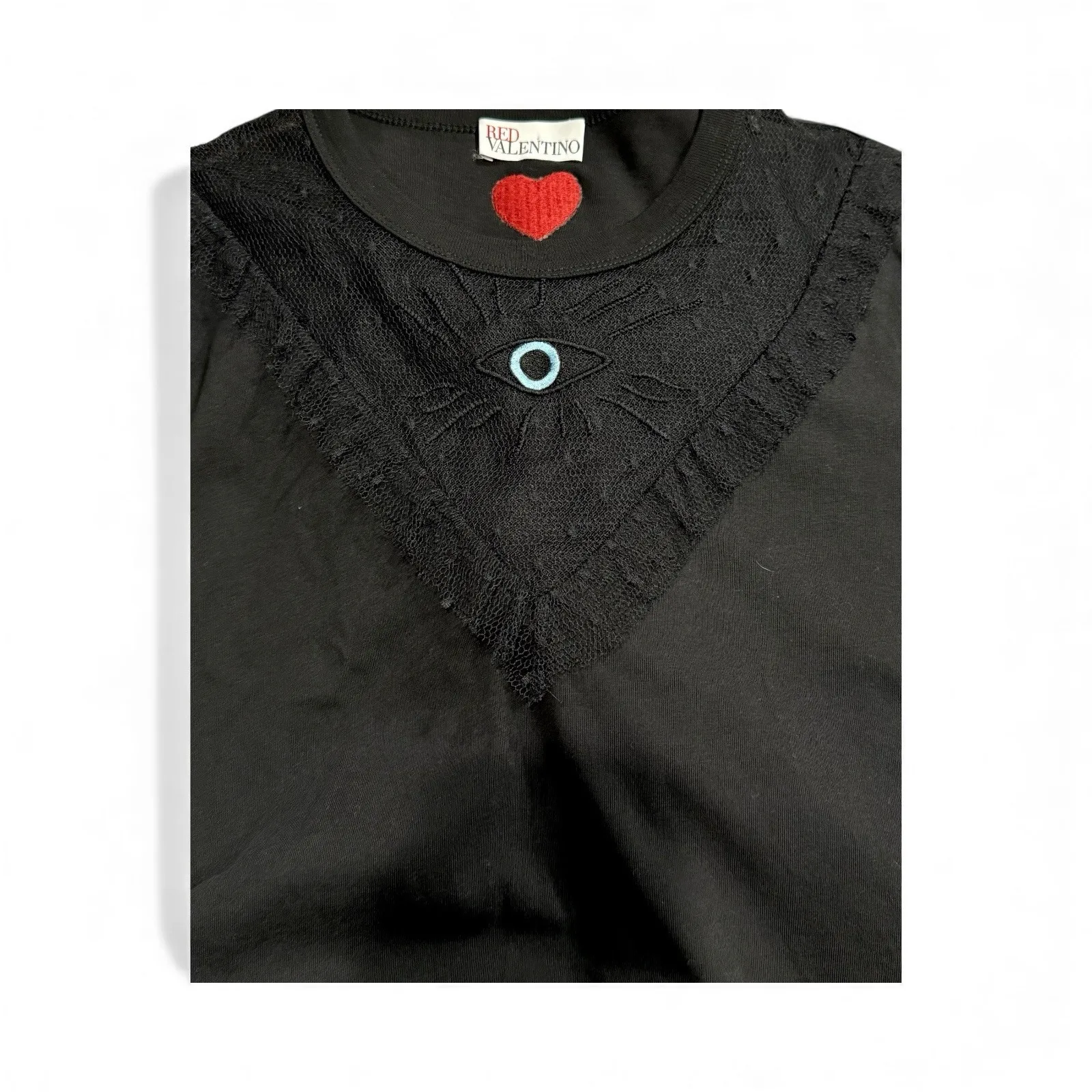 Rare Red Valentino Heart Patch Tee Sheer Lace‎ Yoke & Evil Eye Detail Small Black - Image 2