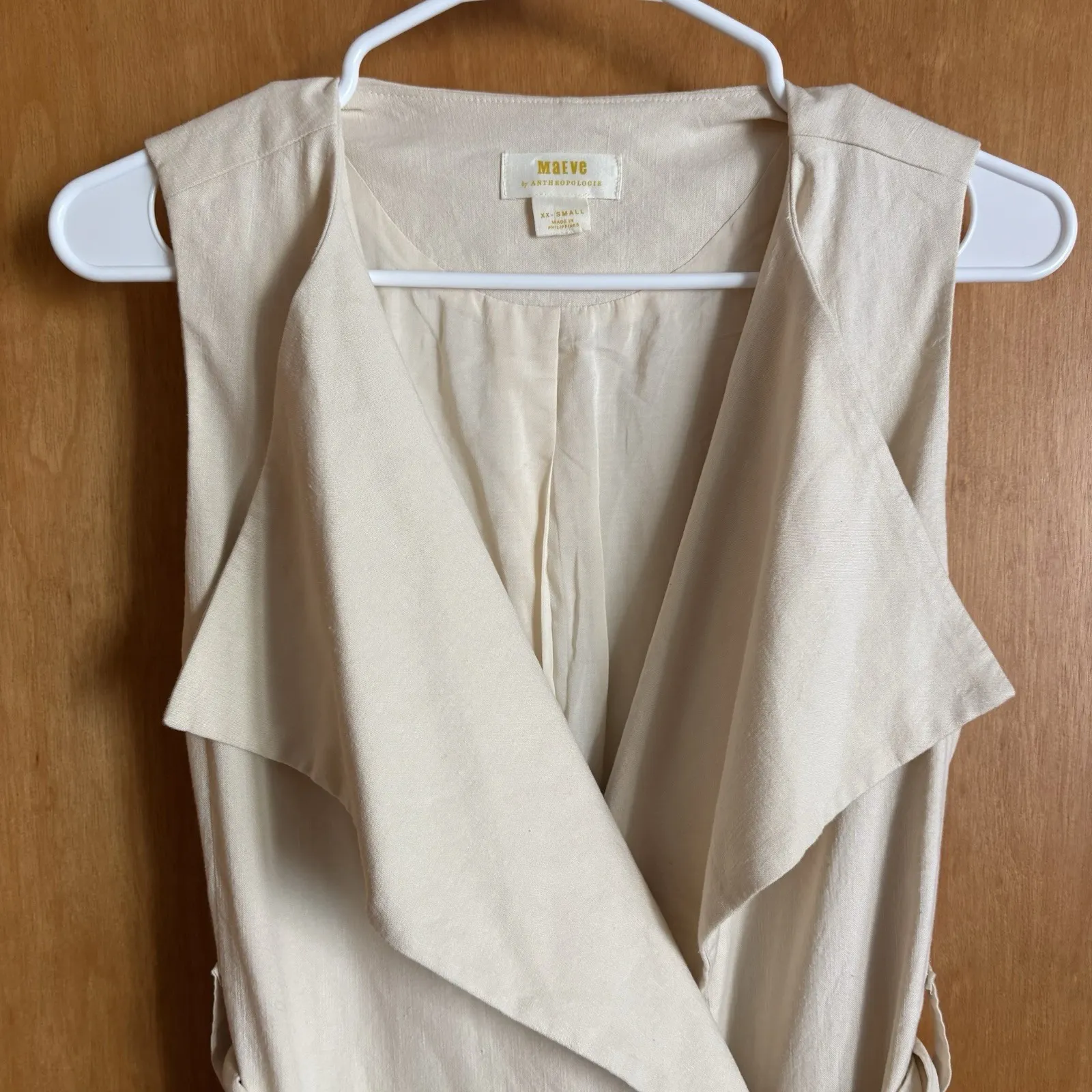 Anthropologie Maeve‎ Longline Linen Vest Beige XXS Belted - Image 4