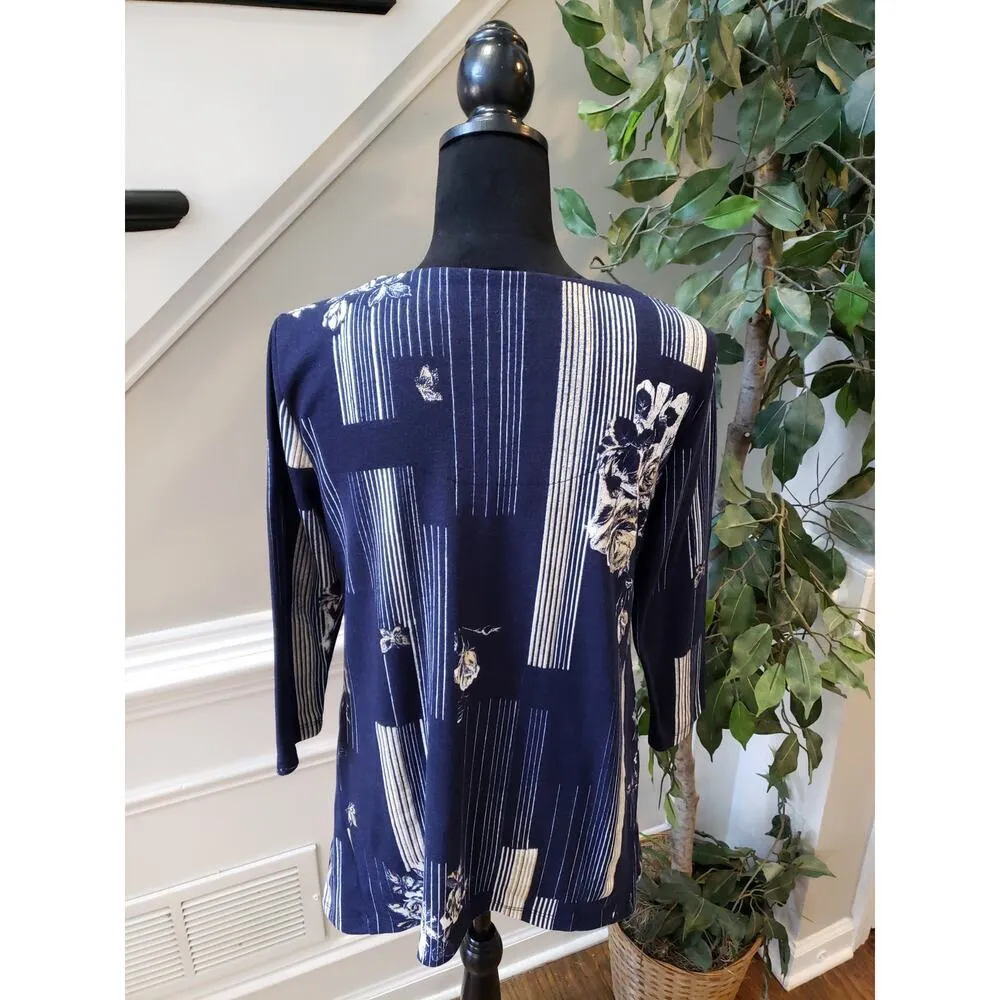Women's JM Collection S Navy White Floral Stripe Cutout Neck Top 3/4 Sleeve - Image 7