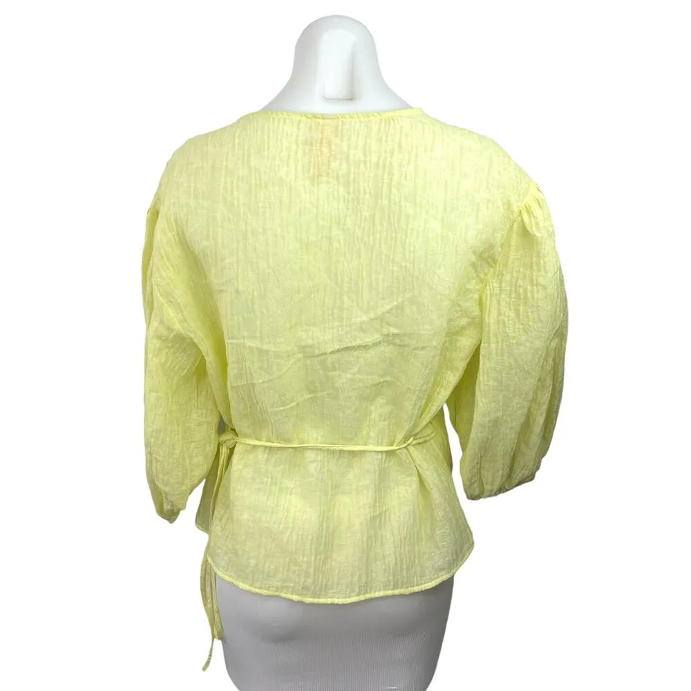 H&M Yellow Crinkled V-Neck Half Puff Sleeve Boho Wrap Blouse Shirt Top Size M - Image 3