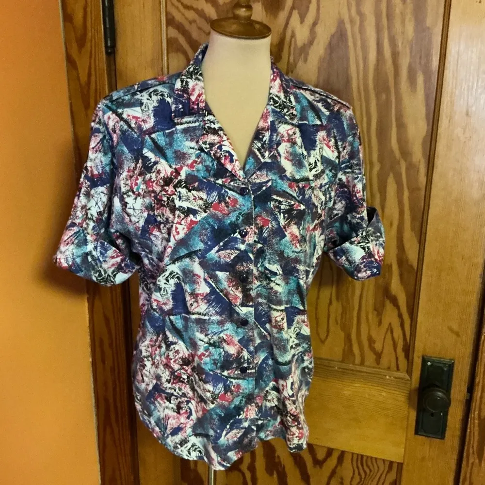 Vtg 80s Tapestry Geometric shirt Blue Size M - Image 5