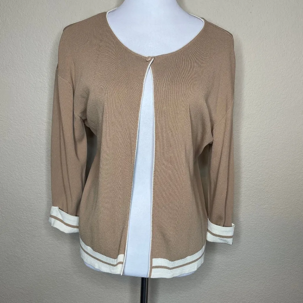 FINITY Tan Contrast Trim Cardigan XL Slinky Knit Single Button Old Money Chic - Image 6