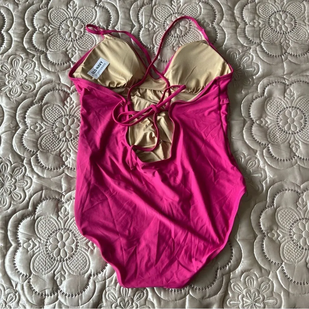 Old Navy V Neck Ruffle Trim Cutout One Piece Swimsuit in Pink NEW Size XXL - Image 7