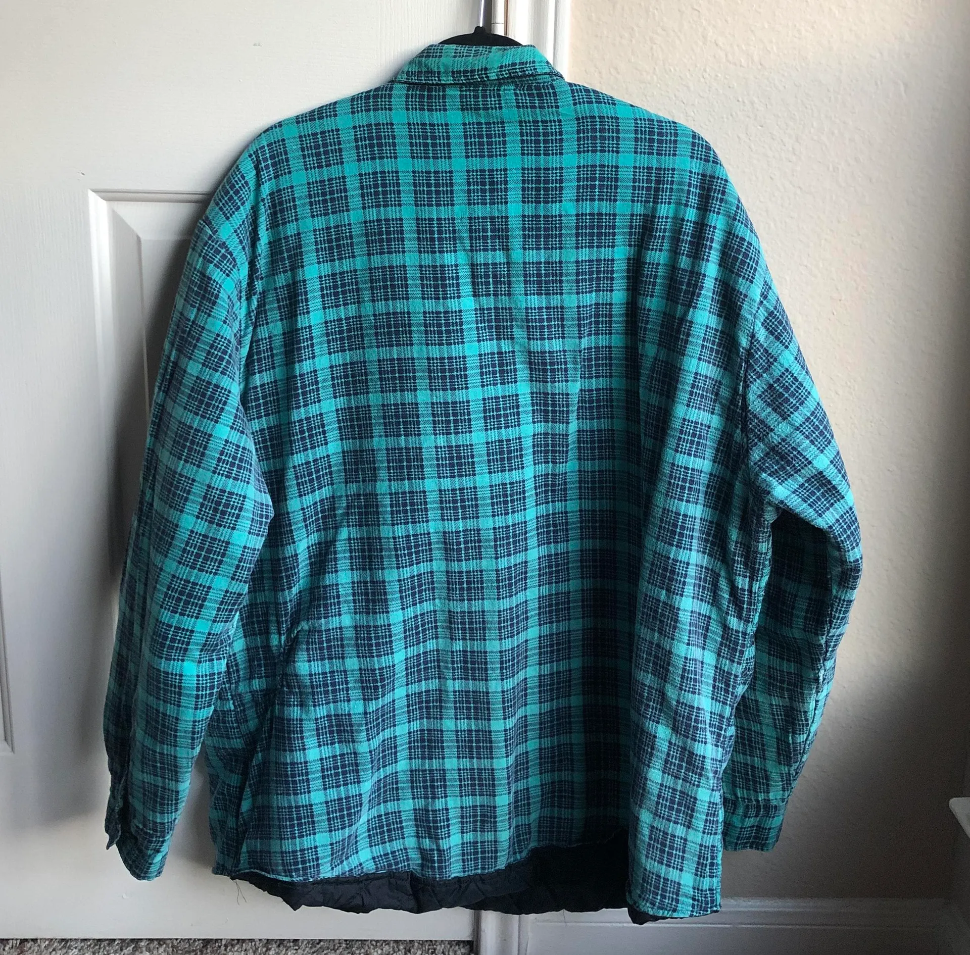 VINTAGE TURQUOISE PLAID FLANNEL JACKET BUTTON UP LINED INSULATED Blue Size XL - Image 3