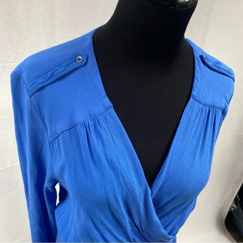 Anthropologie Maeve Blue Lene Faux Wrap Dress Size XS Long Sleeve Zipper Pockets - Image 6