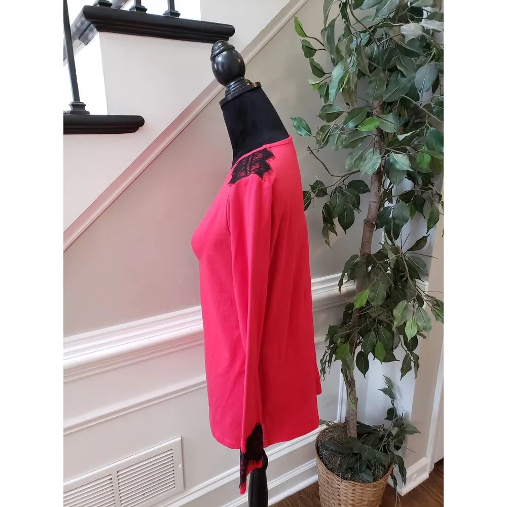 Women's IZOD Red Lace Shoulder Long Sleeve Top with Black Lace Detail Size M - Image 6