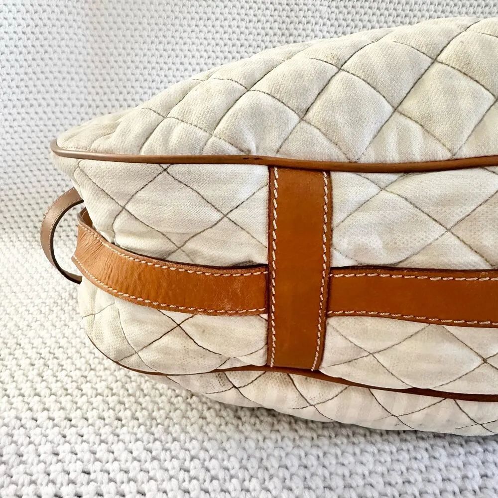 Fendi Vintage Cream White Quilted Faint Stripe Hobo Slouch Fabric Canvas Bag - Image 16