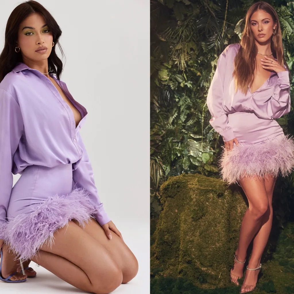 House of CB ‘Tyra’ Feather Trim Long Sleeve Satin Mini Shirt Dress Orchid‎ NWOT - Image 2