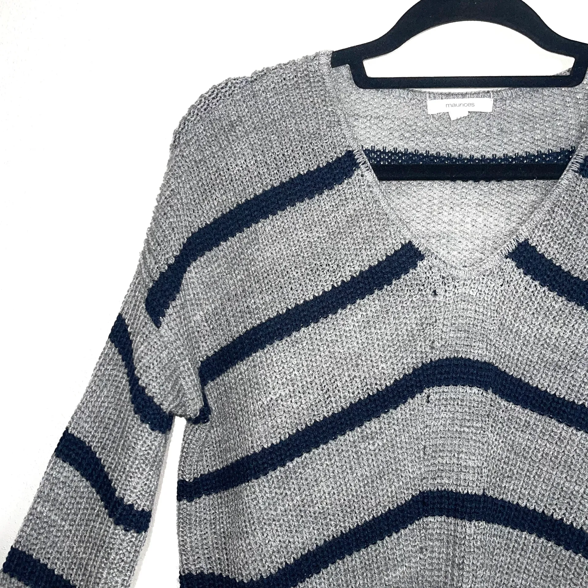 Maurices Light Gray & Navy Blue Striped V-neck Pullover Knit Sweater - Image 4