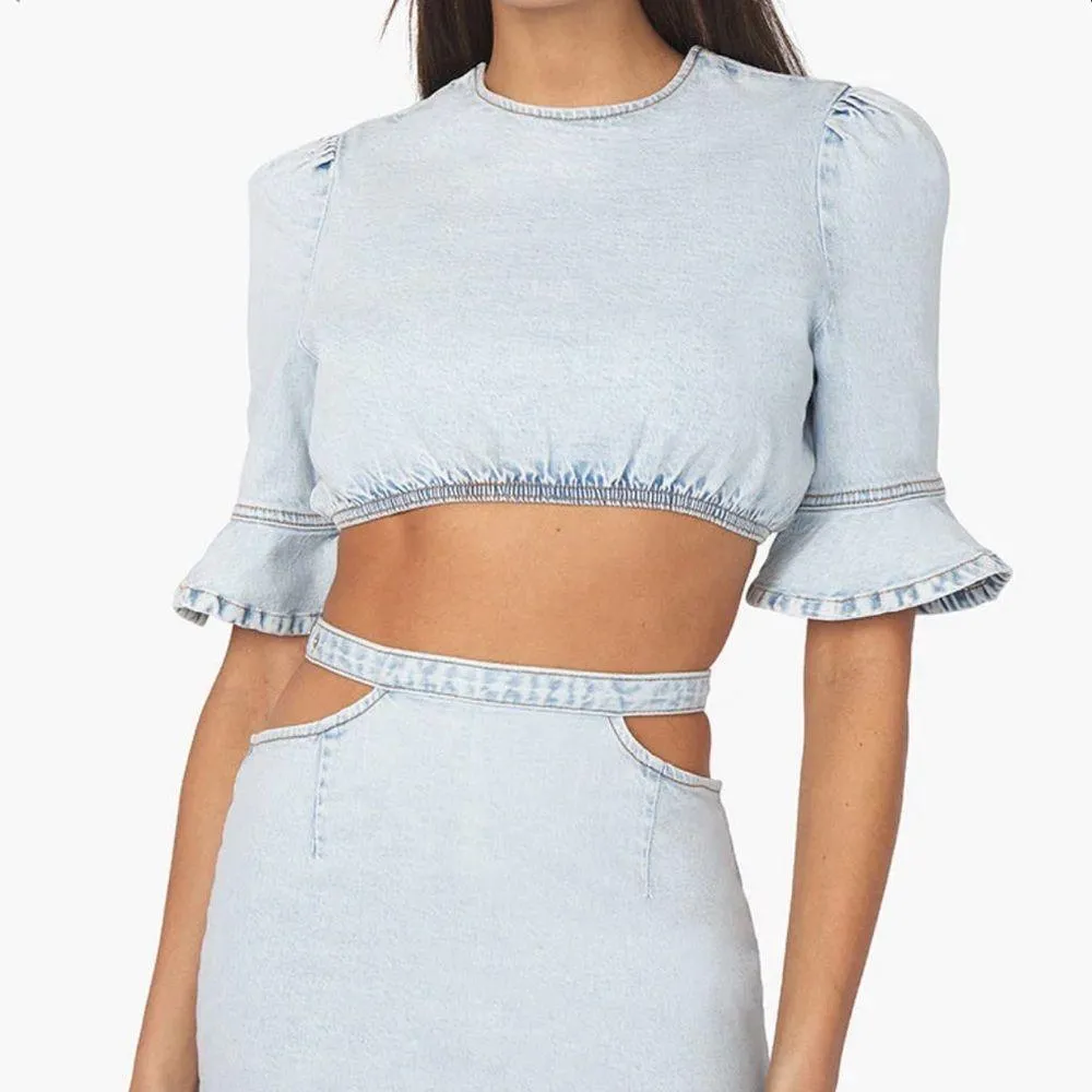 NWT WeWoreWhat Crop Top Comfort Denim Super Light Stone Wash Ruffle Sleeves sz L - Image 5